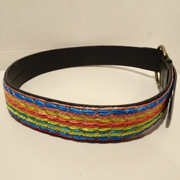 Chicos Belt Size M Black Leather Multicolored Braided Boho Metallic Thread - Picture 1 of 5